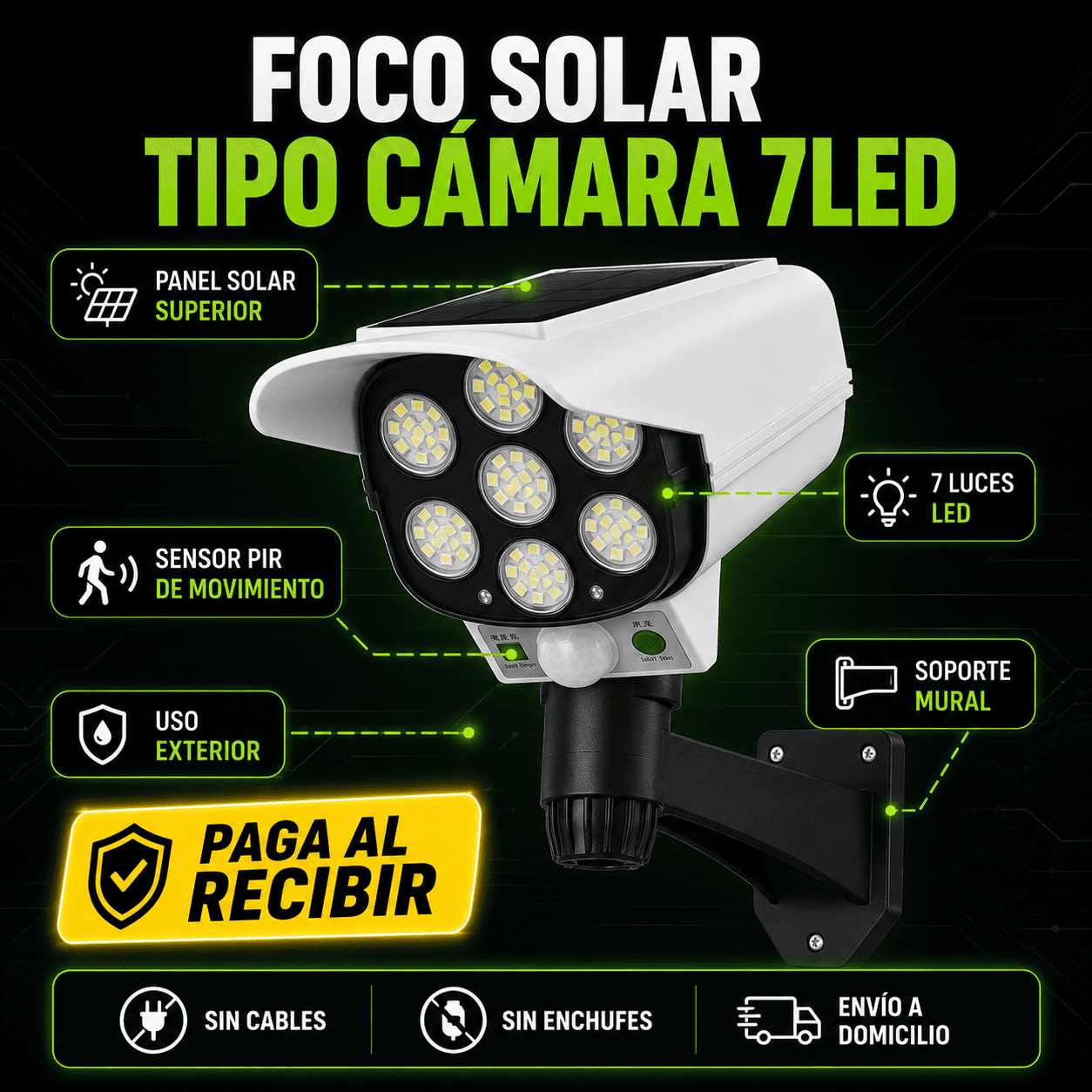 SolarGuard Pro™ 7LED — Foco Solar de Seguridad Tipo Cámara