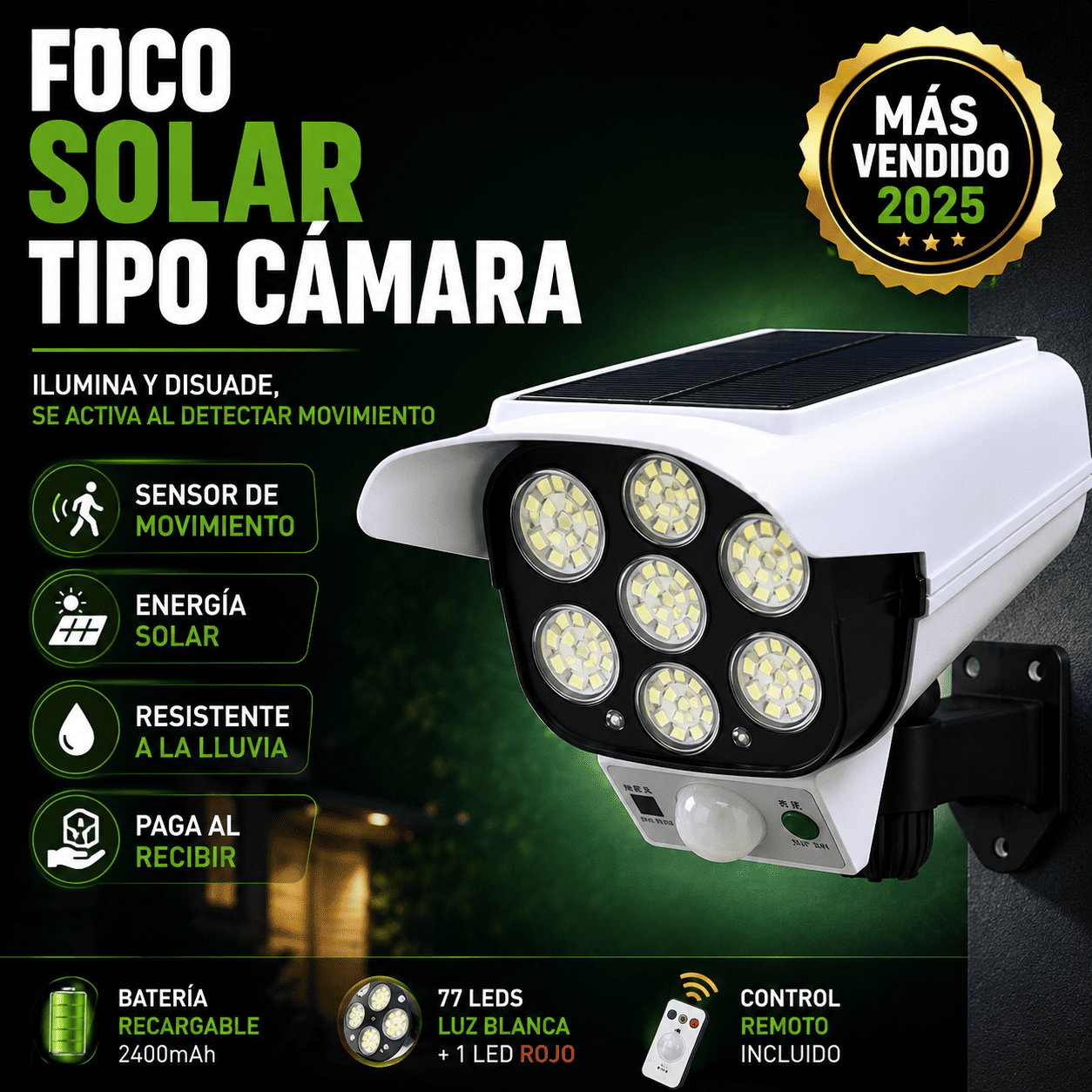 SolarGuard Pro™ 7LED — Foco Solar de Seguridad Tipo Cámara