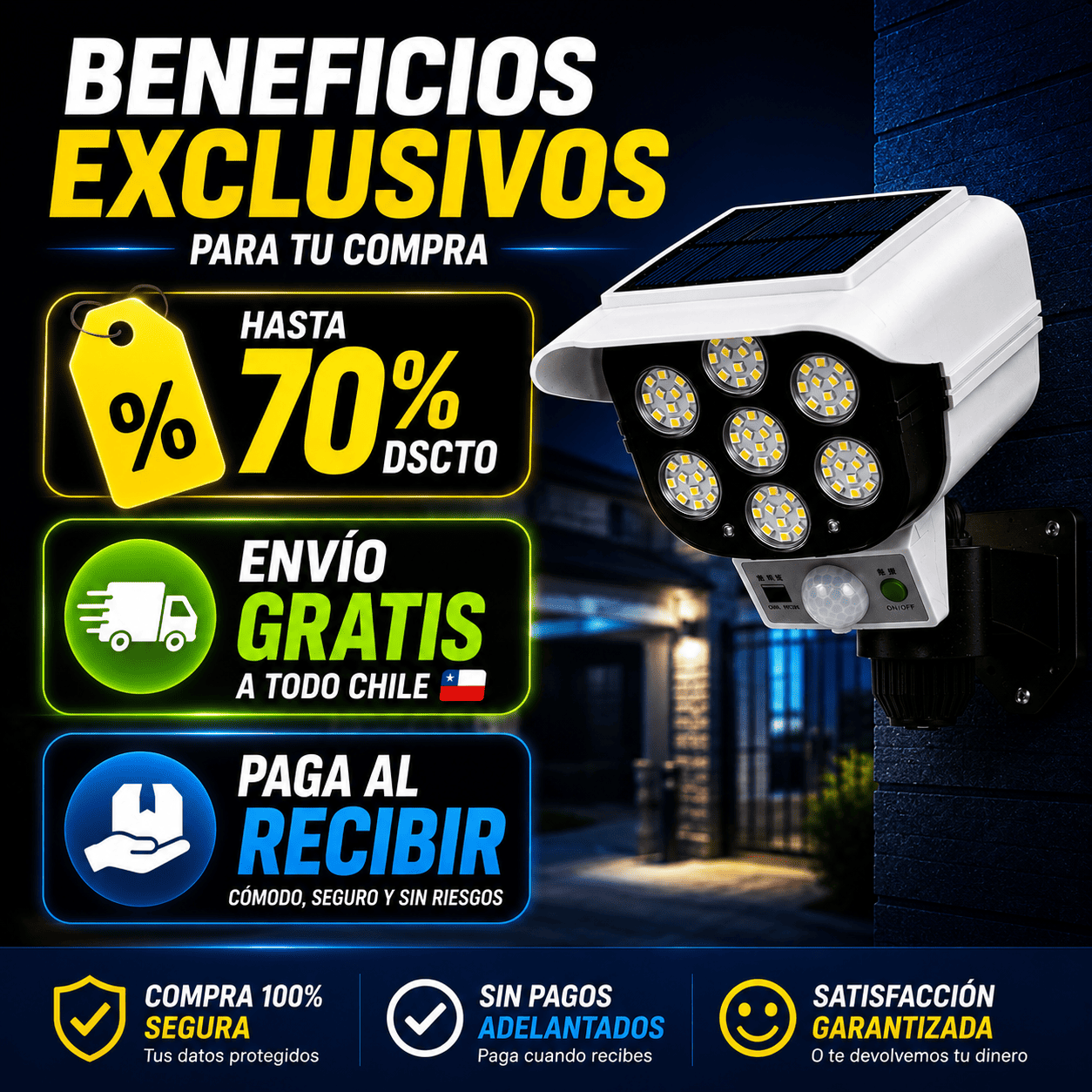 SolarGuard Pro™ 7LED — Foco Solar de Seguridad Tipo Cámara